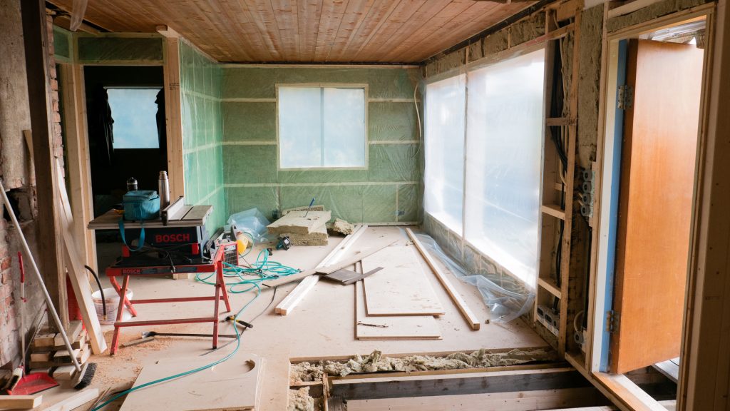 Messy work area in a home renovation.
